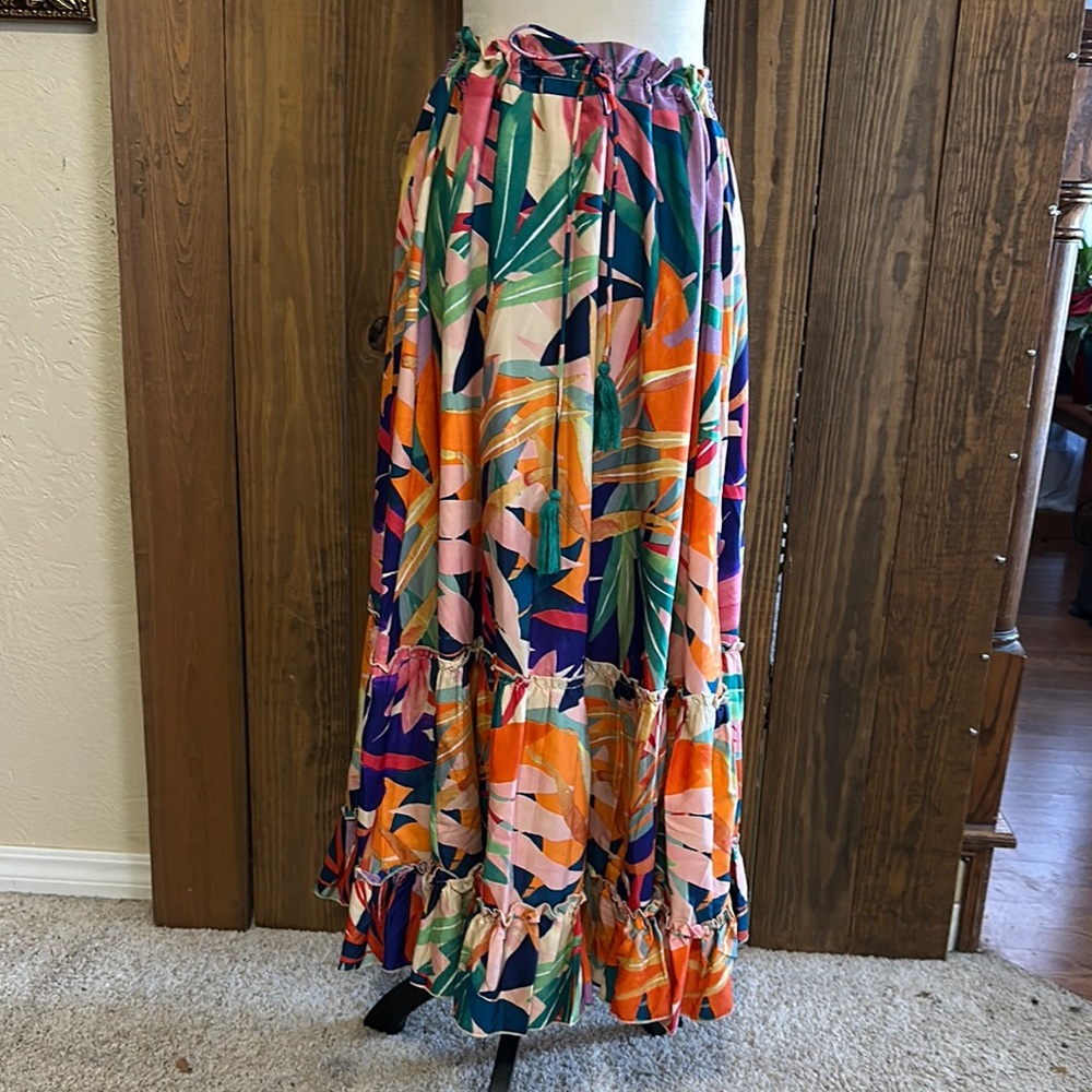 Orange and Blue Maxi A-Line Skirt with Ruffled Tiered Style for Resort Wear